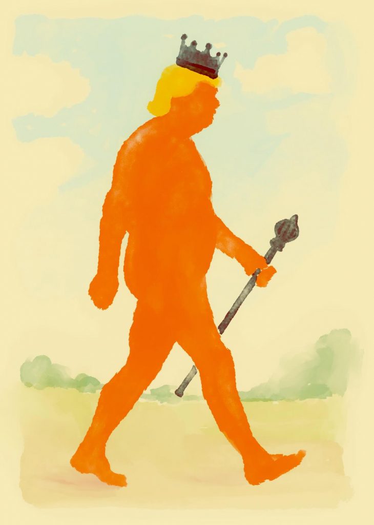 Ilustración de Javier Jaén de un hombre de color naranja desnudo